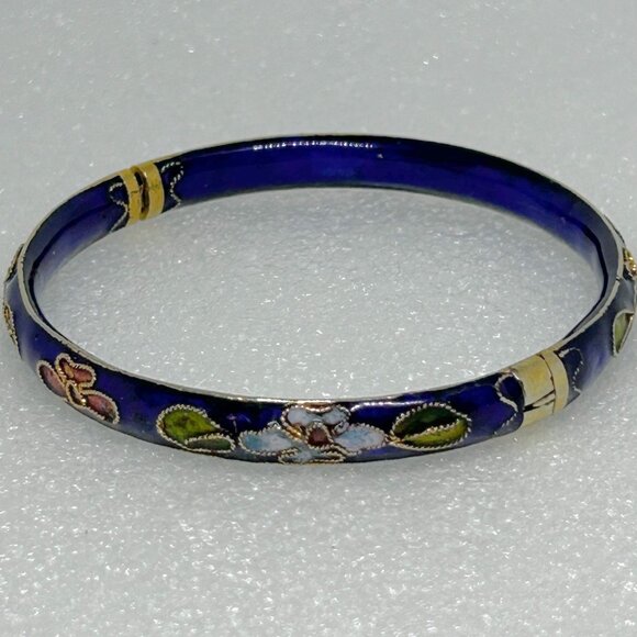 Vintage Blue Floral Cloisonné Enamel Hinged Bracelet - Picture 1 of 7